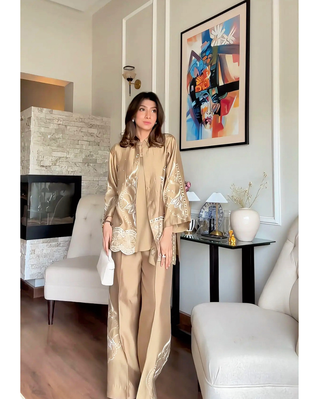 Beige Embroidery Cape Ensemble