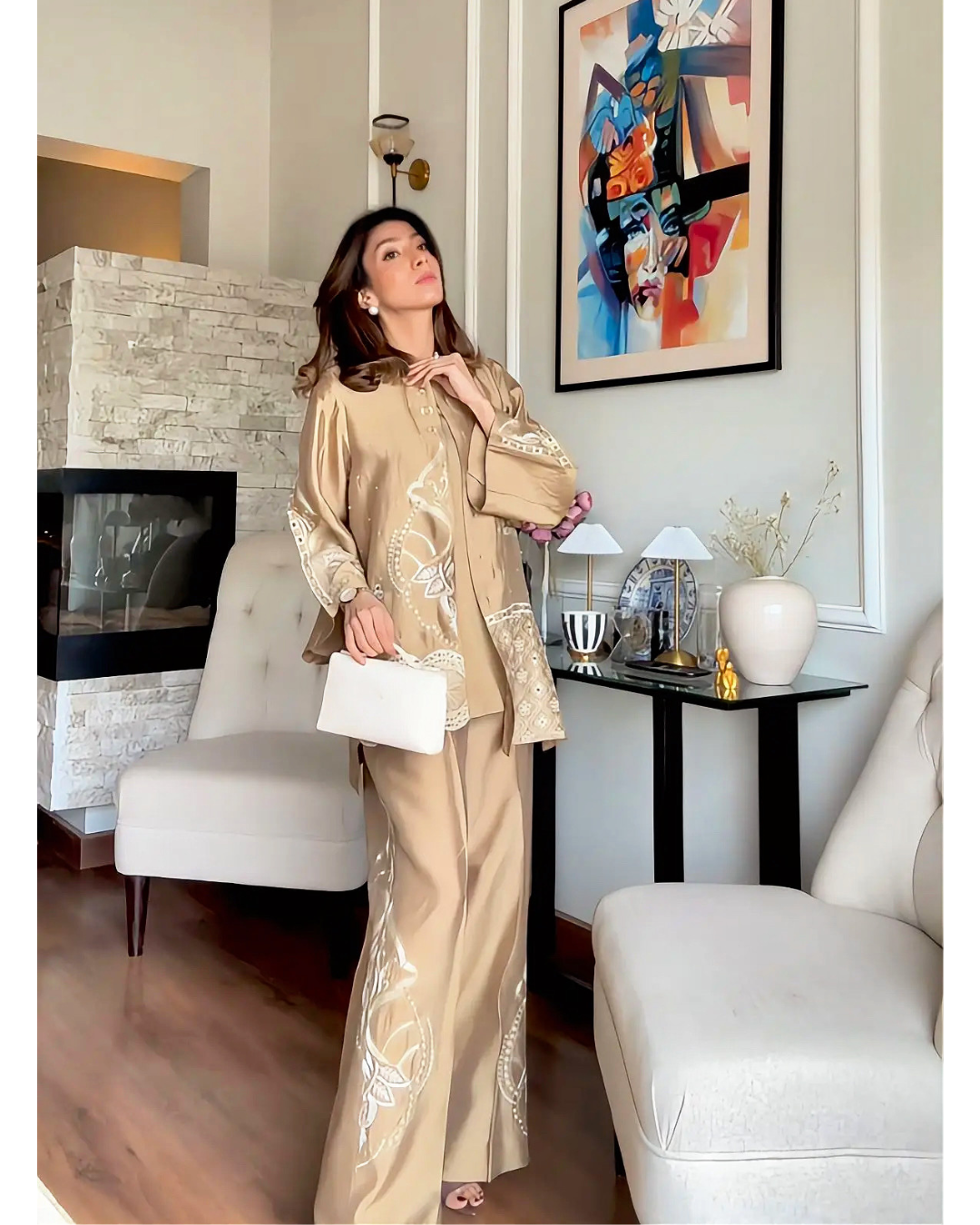 Beige Embroidery Cape Ensemble